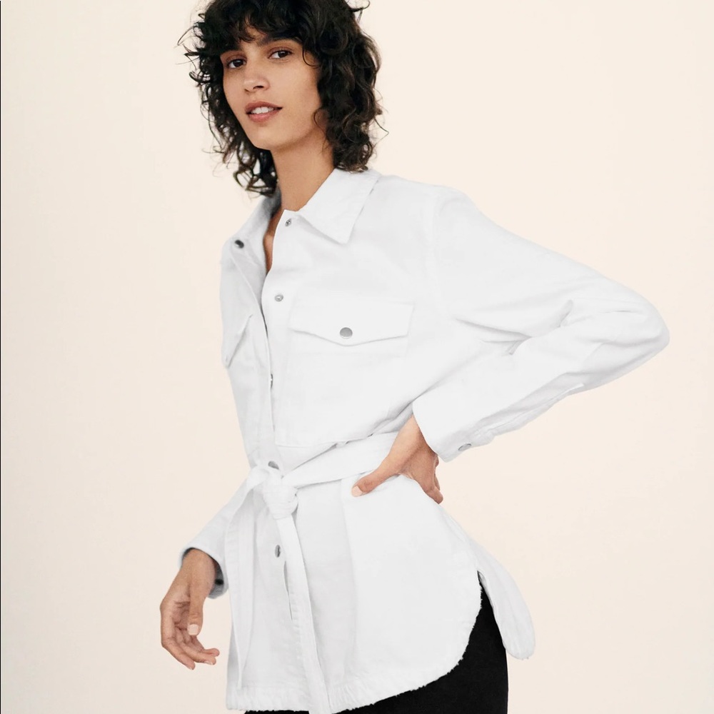 Zara White Button-Front Belted Shirt Jacket